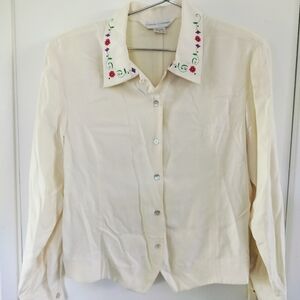 1980s/90s Vintage Casual Corner 100% Silk Blouse Ivory Floral Embroidery Medium